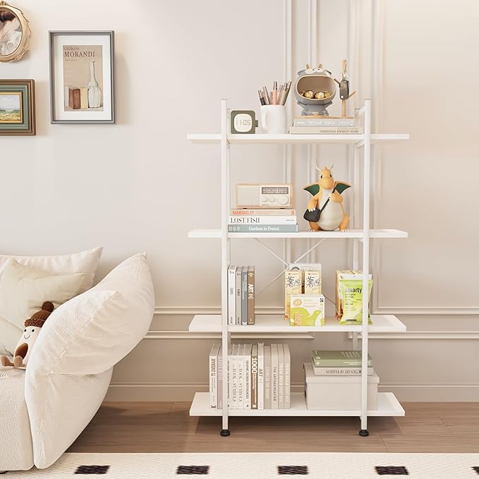 Bookshelf 4 Tiers White Wooden Storage Shelf,Modern Open Display Storage Bookcase Book Organizer,Metal Bookshelf Standing Storage Shelf Tall Shelving Units for Home Office Study