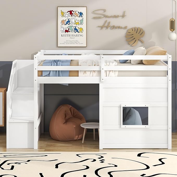 Twin Size Loft Bed with Storage Staircase and Window,Wood Twin Loft Bunk Bedframe with Full-Length Guardrail and Sturdy Slat Support, No Noise,No Box Spring Needed,for Kids,Boys,Girls,White