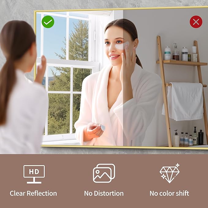 YIROMAN Bathroom Mirror 60"x30", Large Brushed Gold Bathroom Mirror for Over Sink with Aluminum Frame, Rectangular Vanity Mirror with Right Angle, Wall Mirror Hangs Horizontal or Vertical