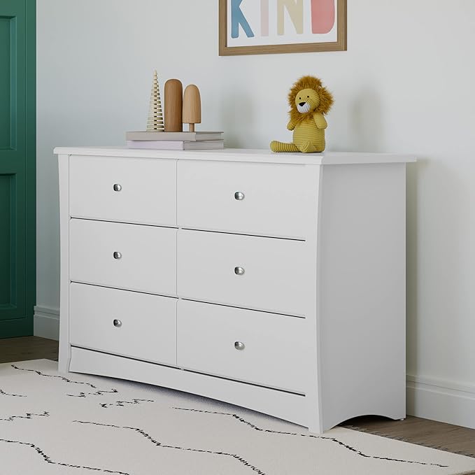 Storkcraft Crescent 6 Drawer Double Dresser (White) – GREENGUARD Gold Certified, Nursery Dresser for Kids Bedroom
