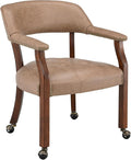 LEEMTORIG Large Dining Chairs with Casters and Arms, Rolling Dining Chairs with Wheels, Solid Wood Office Desk Chairs, 26“Dx25.2 Wx31.5“H, Cherry Legs & Yellowish Brown Fabric SY-1533-LT