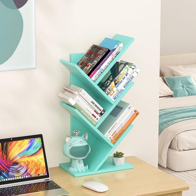 5 Tier Tree Book Shelf, Small Desktop Bookshelf with Storage Organizer, Wood Bookcase, Desk Display Bookshelves, Floor Standing Organizer Bookcases for Living Room,Bedroom,Office-Green