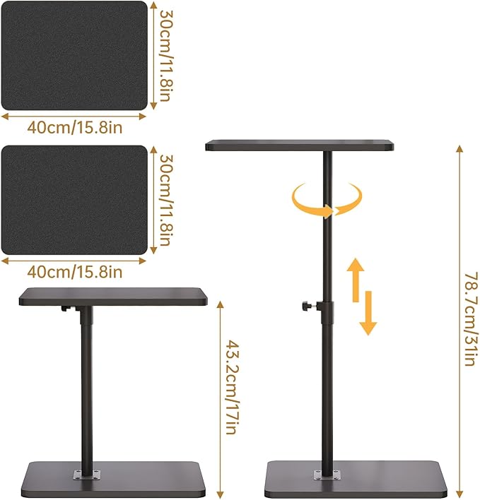 NiHome Minimalist Height Adjustable End Table, 360° Rotatable Sofa Armrest Side Tray Table, Adjustable Legs Space-Saving Couch Bedside TV Tray C-Shaped End Table Snack Table for Eating(Black)