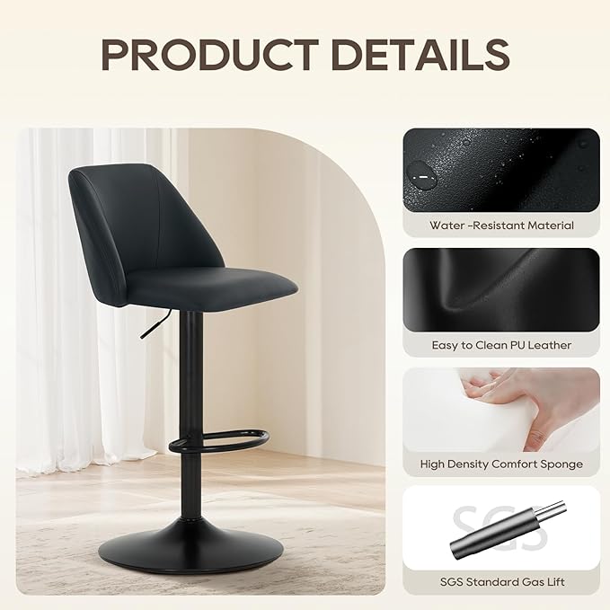 COLAMY Bar Stools Set of 4, Modern Swivel Bar Chairs, Adjustable PU Leather Upholstered Barstools Counter Height with Full Backrest for Bar, Dining Room, Kitchen Island, Black