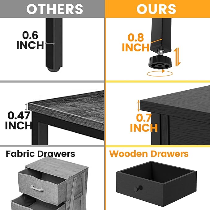 Nightstands Set of 2 with Drawers, Bedside Table Set of 2 with Storage Shelf, Heavy Duty End Side Table for Living Room Bedroom Small Space Sofa Couch, Wood Metal Night Stand, Easy to Assemble, Black