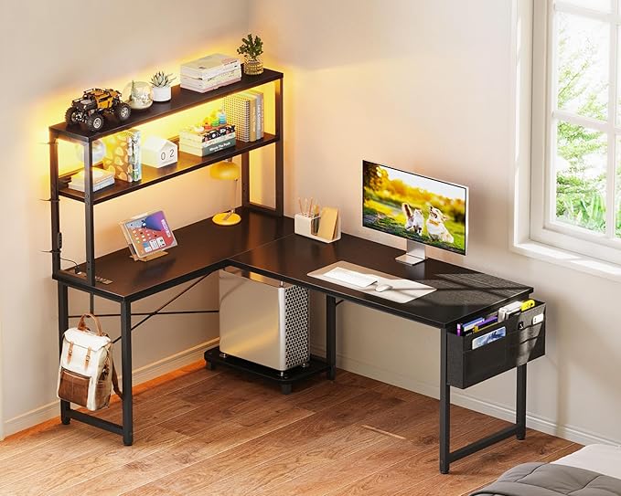 ODK 53 Inch L Shaped Desk with LED Lighting, Reversible Gaming Desk with Power Outlets, Cornor Computer Table with Storage Shelves & Bag & Iron Hook, Home Office Table for Writing, Study, Black