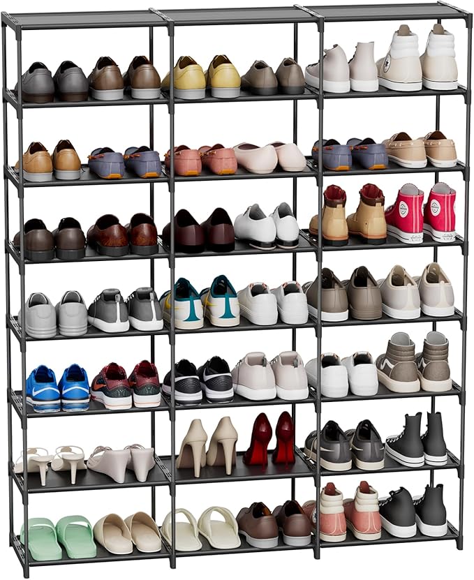 Large Shoe Rack 3 Row 8 Tier 40-60 Pairs Shoes Boots with Plastic Plate Home Sturdy Storage Organizer Shelf for Garage Entryway Hallway Front Doorway
