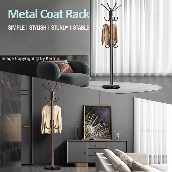 Kertnic Modern Coat Rack Freestanding with Natural Marble Base & Sturdy Metal Frame, 11 Hooks Hall Tree for Jackets, Hats, Bags, Entryway Organizer for Bedroom, Living Room, Closet (Bronze)