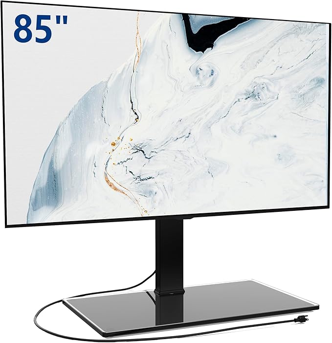 FITUEYES Universal TV Stand with Power Outlets for 50-85 inch TVs, Swivel&Height Adjustable Tall TV Stand for Bedroom Living Room, 27.5''Large Tempered Glass Base Holds up to 143 lbs.