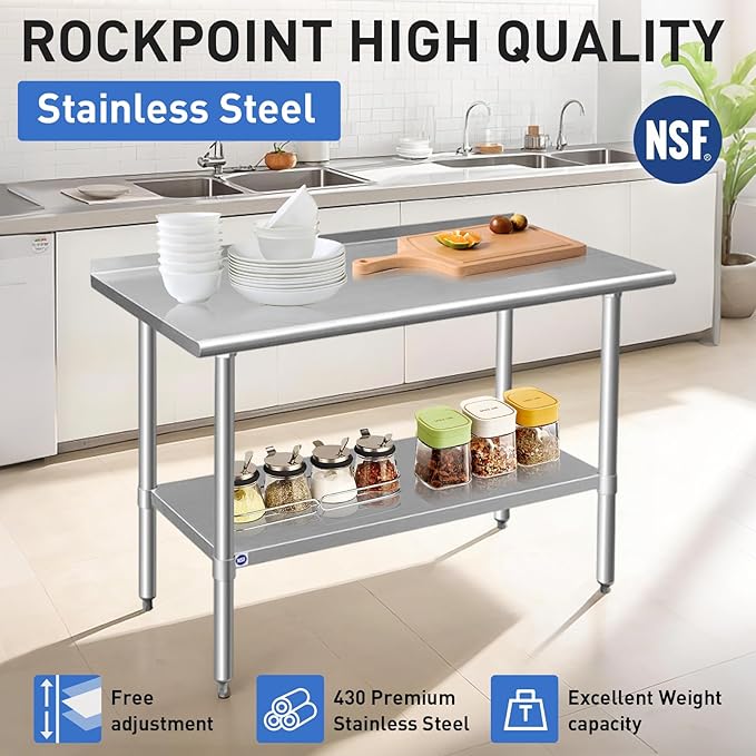 ROCKPOINT Stainless Steel Table for Prep & Work with Backsplash 18x72 Inches, NSF Metal Commercial Kitchen Heavy Duty Table with Adjustable Under Shelf and Table Foot for Restaurant, Home and Hotel