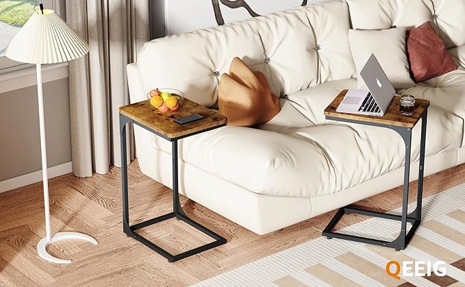 QEEIG C Shaped Side Table Set of 2 Living Room Sets Couch Tray Tables Small Farmhouse 11.8 inch Width, Rustic Brown (017A-30BN)