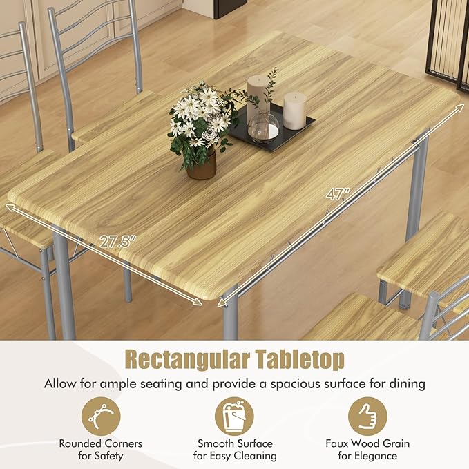 5 Piece Dining Table Set for 4 Chairs Modern Wood Metal Kitchen Breakfast Furniture (Shallow Walnut)