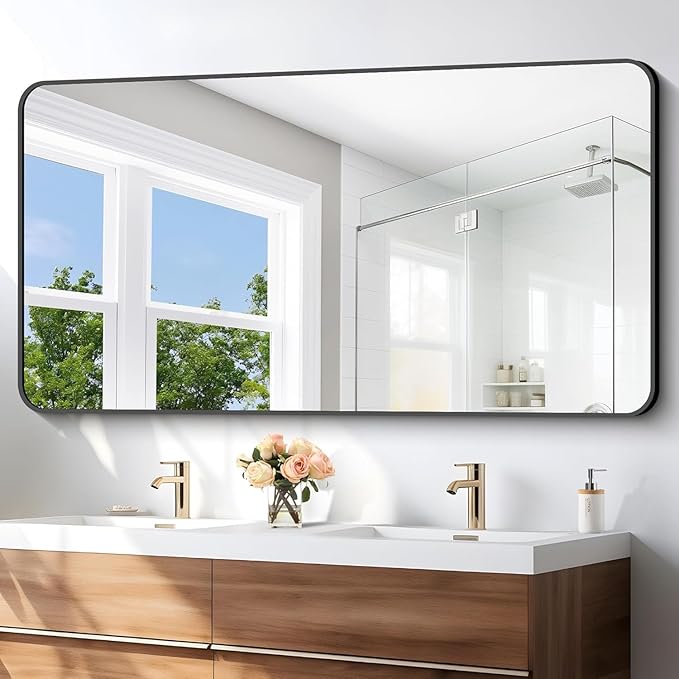 BONEWEI 30x60 inch Bathroom Mirror,Black Rectangle Mirror,Wall Mounted Bathroom Frame Vanity Mirror with Round Corner for Bedroom Living Room, Entryway Hangs Horizontal or Vertical