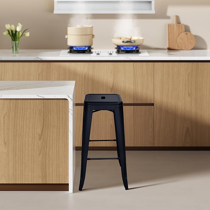 30 Inches Metal Bar Stools, High Backless Stools, Indoor Outdoor Stackable Kitchen Stools, Set of 4, Dark