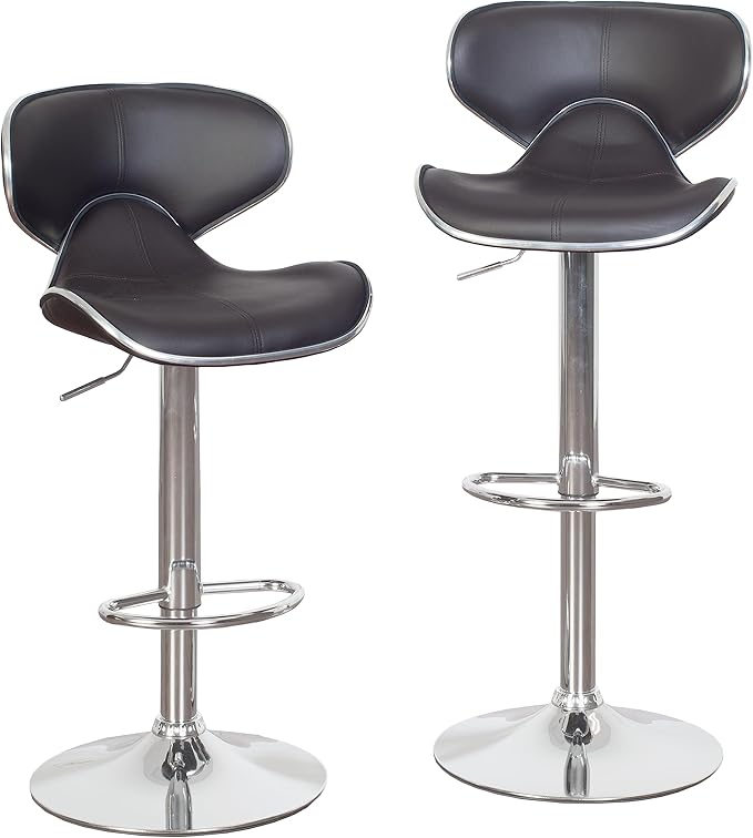 Roundhill Furniture Masaccio Cushioned Leatherette Upholstery Airlift Adjustable Swivel Barstool with Chrome Base, Set of 2, Brown