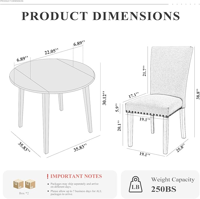 COLAMY 3-Piece Extendable Dining Table Set for 2, 36" Kitchen Round Wood Table with 2 Nailhead Dining Room Chairs,Light Brown/Light Brown