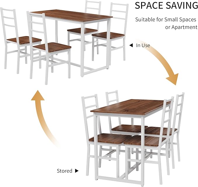 Ball & Cast Dining Table Set with Long Table and 4 Chairs,5-Piece Living Room Furniture W/ 47" Rectangle Kitchen Table,Living Room Furniture W/Backrest Chair,for Small Space,Brown+White