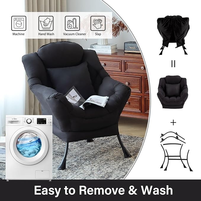 Lazy Chair with Pillow for Living Room, Modern Lounge Accent Chair with Armrests, Leisure Sofa Chair Set, Reading Chair for, Bedroom, Dorm Room, Office, Black