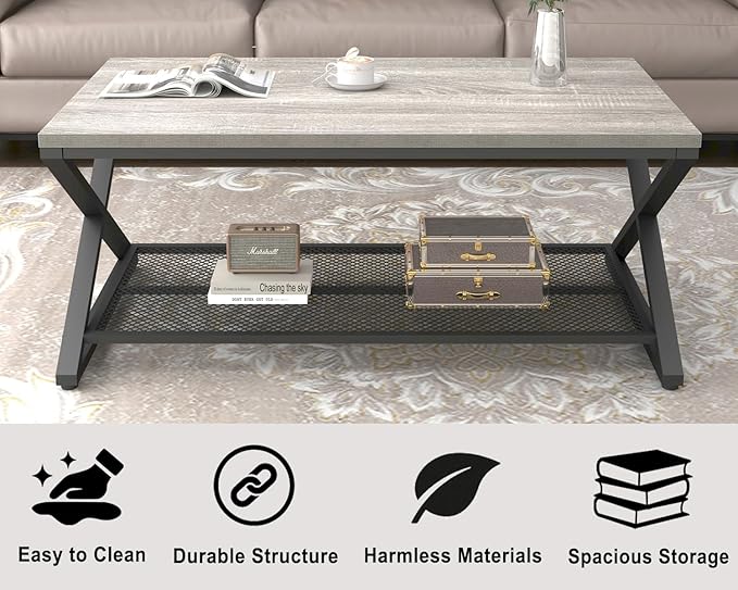 LVB Gray Coffee Table with Storage, Farmhouse Metal Wood 2 Tier Center Table for Living Room, Industrial Wooden Rectangular Concrete Tables with Mesh Shelf for Office Bedroom, 39 inch, Light Grey Oak