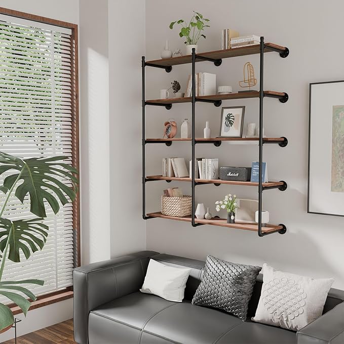 Industrial Pipe Shelf Brackets Wall Mount, Open Black Pipe Shelving for Kitchen,Floating Shelf Brackets Mount,Open Bookshelf Brackets for Shelves,Wall Shelves 12 Inch Deep,(2PcsX3Tier,61" Tall)