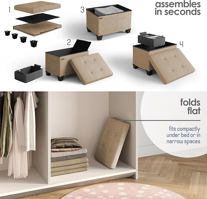 STORAGEBUD Storage Ottoman Cube with Small Bin, 16-in Square Ottoman with Storage for Living Room and Bedroom, Small Ottomans Foot Rest, Fabric Foot Stools Ottomans Max 330lbs, Taupe