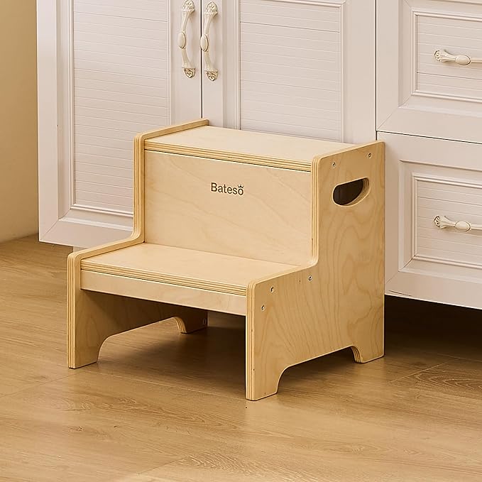 Step Stool for Kids, Wooden Toddler Step Stool with Non-Slip Mats for Bathroom Sink and Kitchen, Potty Training Stool with Handles for Toilet