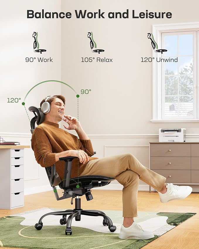 Marsail Ergonomic Mesh Office Chair, Ergonomic Gaming Chair with Adjustable Lumbar Support, 2D Headrest & Up and Down Armrest