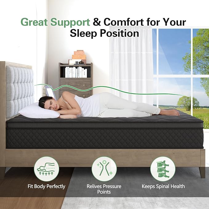 Queen Mattress, 14 Inch Hybrid Mattresses Euro Top Medium Firm for Back & Lumbar Support, 100 Night Trial, Individual Pocket Spring Bed for Motion Isolation & Pressure Relief