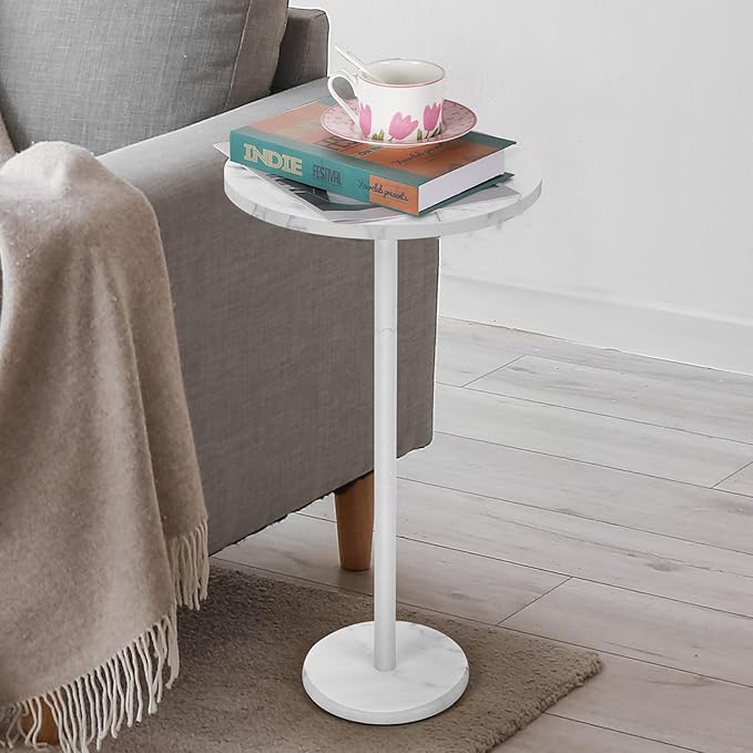 Round End Table with Marble Base Drink Tables for Small Spaces Pedestal Table Small Round Side Table for Sofa Couch Chair Patio, White