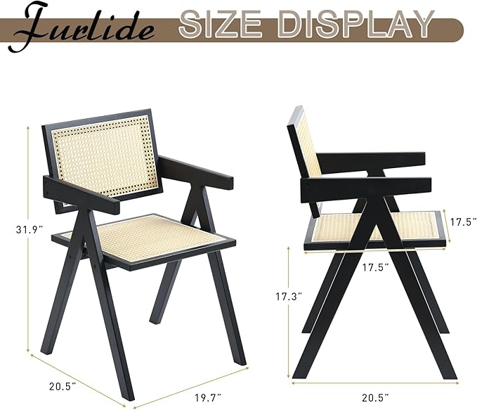 Rattan Dining Chairs Set of 2, Modern Mid Century Dining Chairs with Arms, Outdoor Bamboo Chairs for Bedroom, Living Room, Reading Room, Black