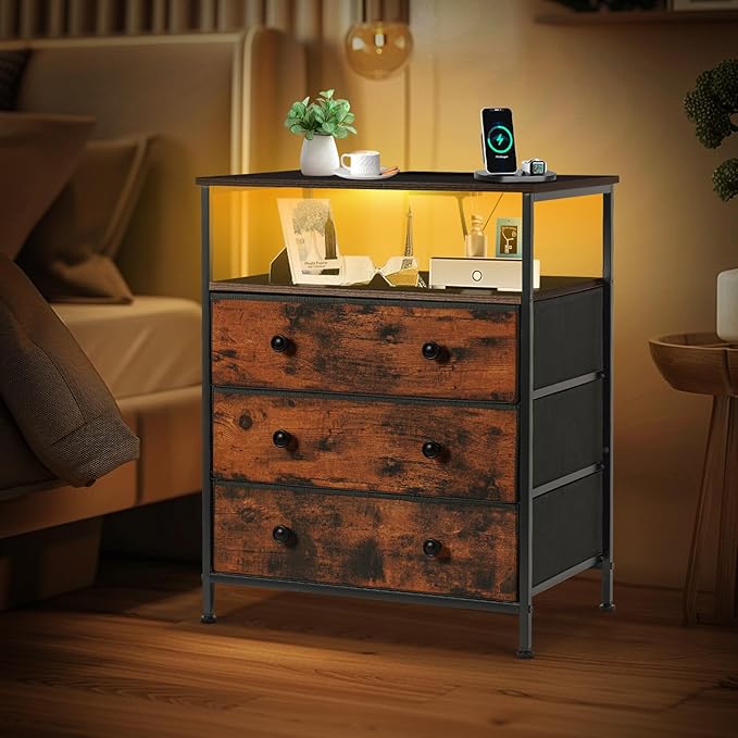 3 Drawers Dresser with Charging Station, 24 Inch Wide LED Night Stand with Adjustable Fabric Drawer, Nightstand with Storage Shelf for Living Room/Bedroom/Office, Rustic Brown.