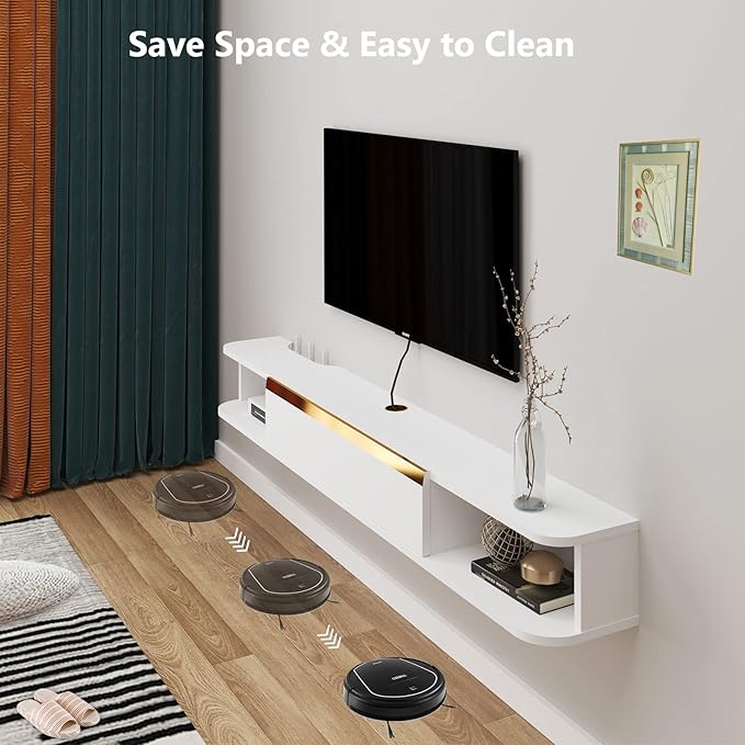 Floating TV Stand, 63'' Wall Mounted Entertainment Center TV Media Console, Floating Shelves with Door, Floating TV Cabinet Large Storage TV Bench for Living Room (White, 62.99IN)