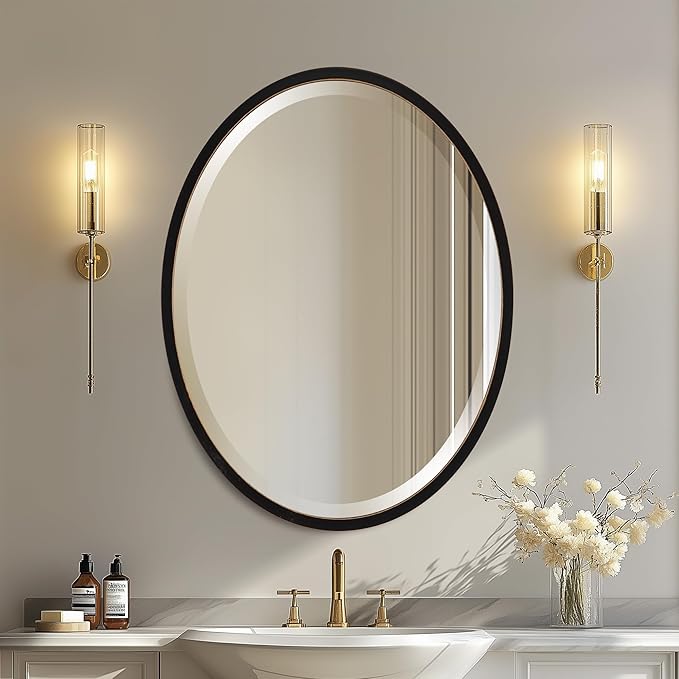 OVALCREST - Oval Wooden Beveled Wall Mirror for Home Decor, Bathroom, Vanity, Bedroom, Living Room, Hallway - London Style (Rubbed Black) 13.1 x 17.1