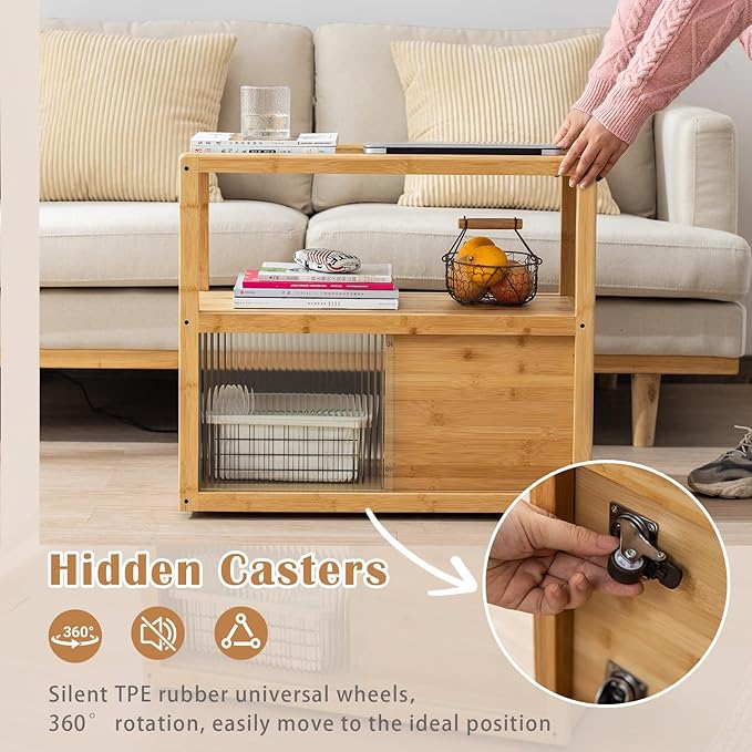 Bamboo Side Table Nightstand with Rattan Drawer & Glass Top – Multi-Function End Table, Nightstands with Storage for Bedroom, Living Room, and Small Spaces, Nature