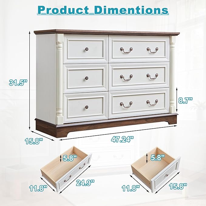 Farmhouse 6 Drawers Dresser for Bedroom, 47.24" Wide Wood Rustic Chest of Drawers with Roman Metal Handle, Tall Storage Dressers Organizer for Bedroom, Living Room, Hallway, Antique White