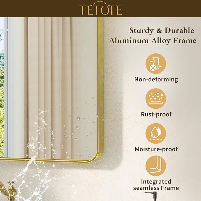 TETOTE 55 x 36 Gold Bathroom Mirror Brushed Gold Metal Framed Vanity Mirror, Tempered Glass, Wall Mounted for Bathroom, Entryway, Bedroom, Living Room(Horizontal/Vertical)