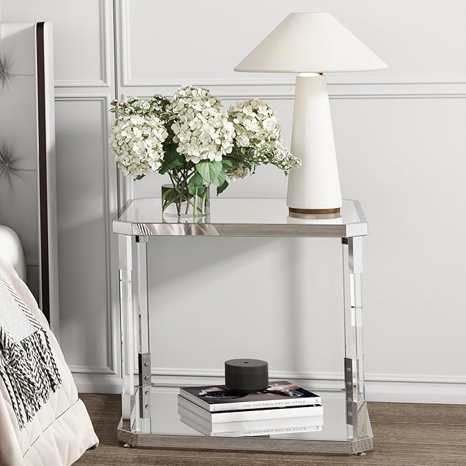Glass Top Side Table - Silver Square Glass Top End Table Clear Acrylic Nightstand for Living Room Bedside Bedroom