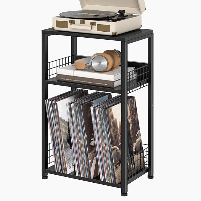 LELELINKY Side Table with Storage, Black Night Stand for Small Spaces, 3 Tier Industrial Wooden Record Player Holder with Vinyl Storage Shelf, End Tables Printer Stand for Bedroom