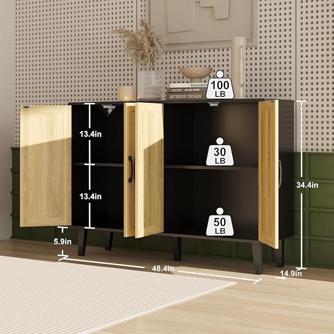Storage Cabinet with Rattan Trim - 4 Door Sideboard Buffet Cabinet with Storage, Accent Cabinet with Shelves for Bathroom, Coffee Bar, Kitchen, Living Room, Hallway (Black)