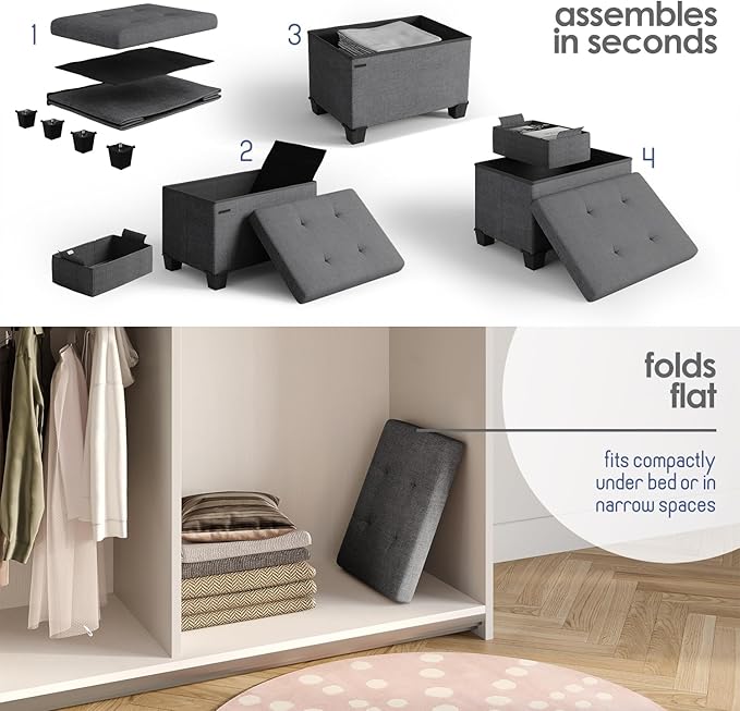 STORAGEBUD Storage Ottoman Cube with Small Bin, 16-in Square Ottoman with Storage for Living Room and Bedroom, Small Ottomans Foot Rest, Fabric Foot Stools Ottomans Max 330lbs, Grey
