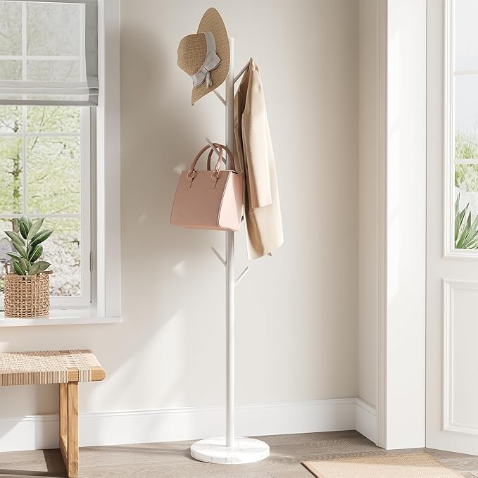 ELYKEN Coat Rack Freestanding with Natural Marble Base, Metal Coat Rack Stand with 10 Hooks, 3 Adjustable Size Coat Tree for Bags, Clothes, and Hats for Entryway, Bedroom, Hallway, Office, White