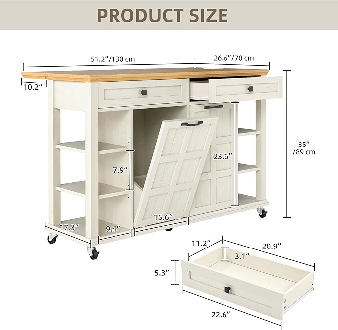 DWVO Kitchen Island with Drop Leaf, Tilt Out Trash Can Cabinet, Mobile Storage Islands with Power Outlet, Americana Rolling Island Table on Wheels with Open Shelves for Dining Room, Off White