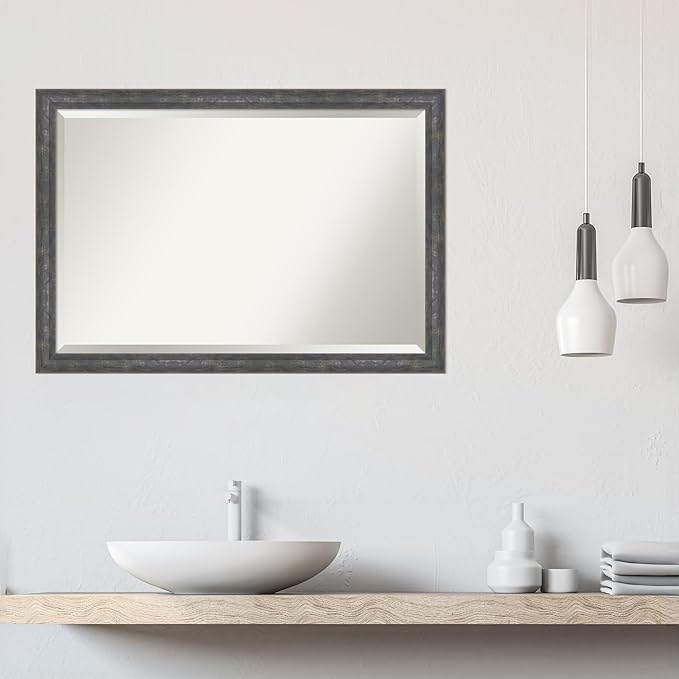 Amanti Art Grey Wall Mirror 27x39 Angled Metallic Rainbow Rectangle Bathroom Mirror for Wall Decor Living Room, Large Modern Contemporary Wood Frame, Hangs Horizonally and Vertically, Bathroom Decor