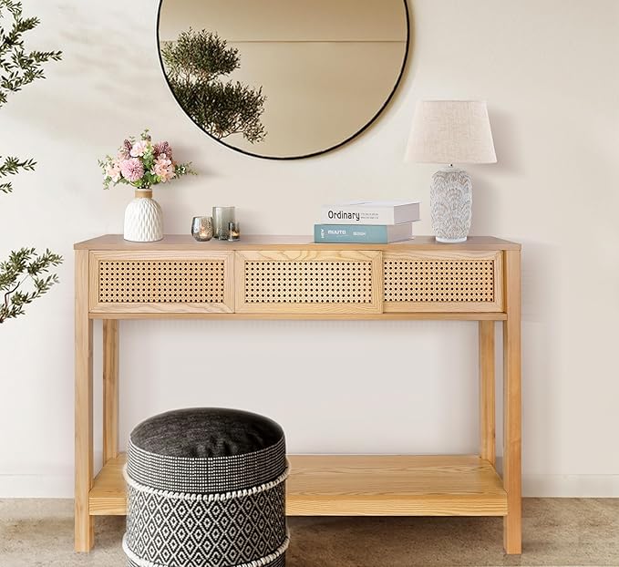 ZYBT Long Console Table, Console Tables for Entryway, Modern Narrow Wood Rattan Entryway Couch Hallway Boho Sofa Table with Storage Drawers for Living Room