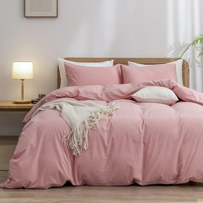BESTOUCH Duvet Cover Set 100% Washed Cotton Linen Feel Super Soft Comfortable Chic Lightweight 2 PCs Home Bedding Set Solid Red Pink Twin/Twin XL