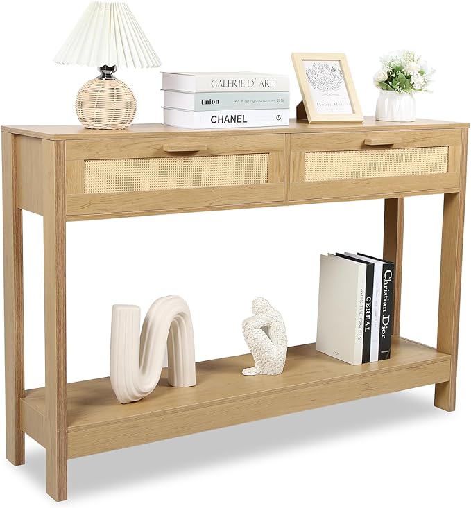Console Table with Rattan Drawers, Boho Rattan Entryway Table with Storage, Wood Small Console Tables for Entryway, Entry Table for Hallway, Sofa Table