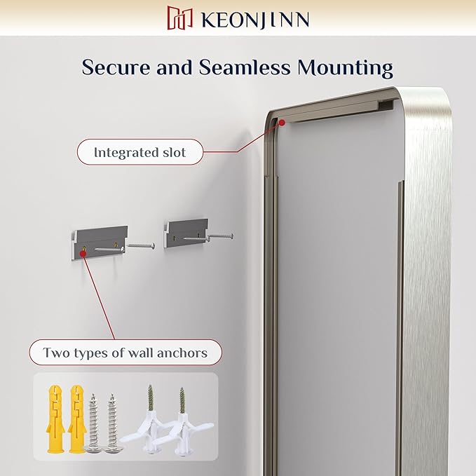 Keonjinn 48 x 36 Brushed Nickel Bathroom Vanity Mirror, Large Rounded Rectangle Bathroom Mirrors for over Sink, Metal Framed Silver Mirror for Wall, Shatterproof HD Tempered Glass(Horizontal/Vertical)