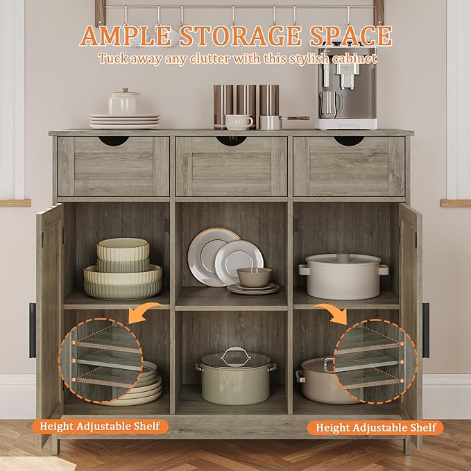 Storage Cabinet, Coffee Bar Cabinet with 2 Adjustable Shelves, 3 Drawers, and 2 Doors, for Bathroom, Kitchen, Living Room (Gray)