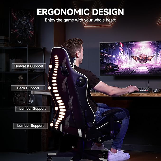 GTPLAYER Gaming Chair with Bluetooth Speakers and Footrest, Ergonomic Gamer Chair with Reclining Backrest, 3D Armrests, Adjustable Seat Height, Computer Desk Chair for Adults (White)