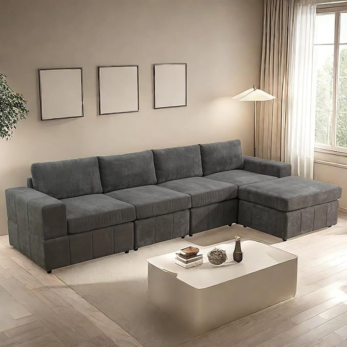 Sectional Couches for Living Room, 130″ Modular Sectional Sofa with Ottoman, Modern L Shaped Couch with Chaise for Bedroom, Brown